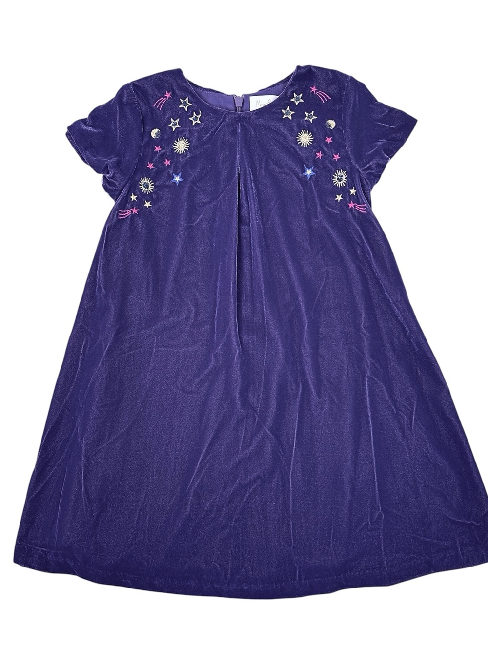 Mini Boden Purple Velvet Dress with Celestial Gold Embroidery